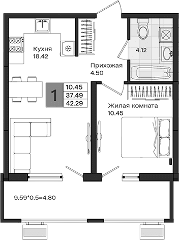 Продается 1-комн. квартира, 37.49 м²