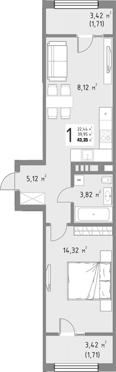 Продается 1-комн. квартира, 39.93 м²