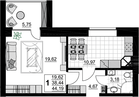 Продается 1-комн. квартира, 38.44 м²