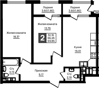 Продается 2-комн. квартира, 66.26 м²