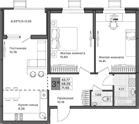 Продается 3-комн. квартира, 68.29 м²