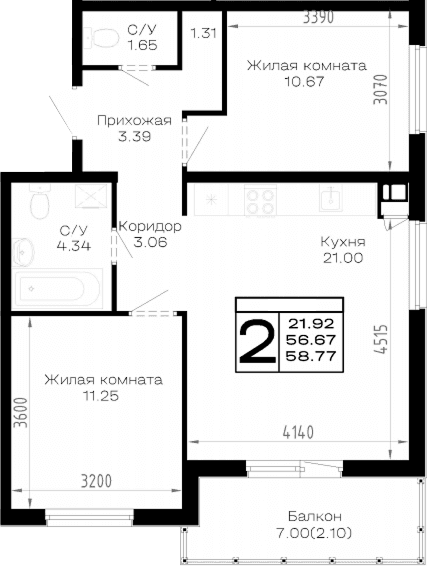 Продается 2-комн. квартира, 56.67 м²