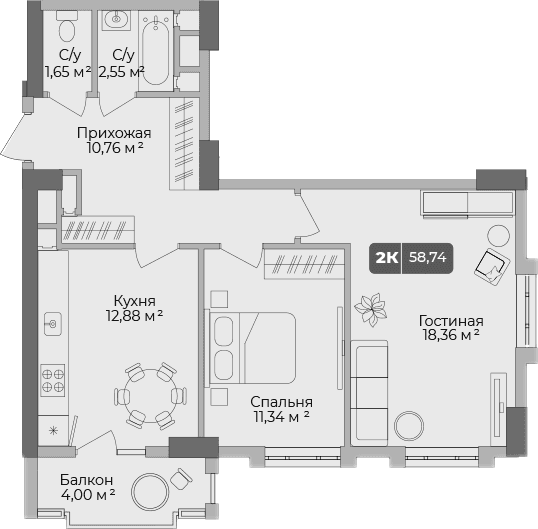 Продается 2-комн. квартира, 57.54 м²