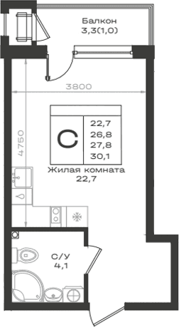 Продается 1-комн. квартира, 26.8 м²
