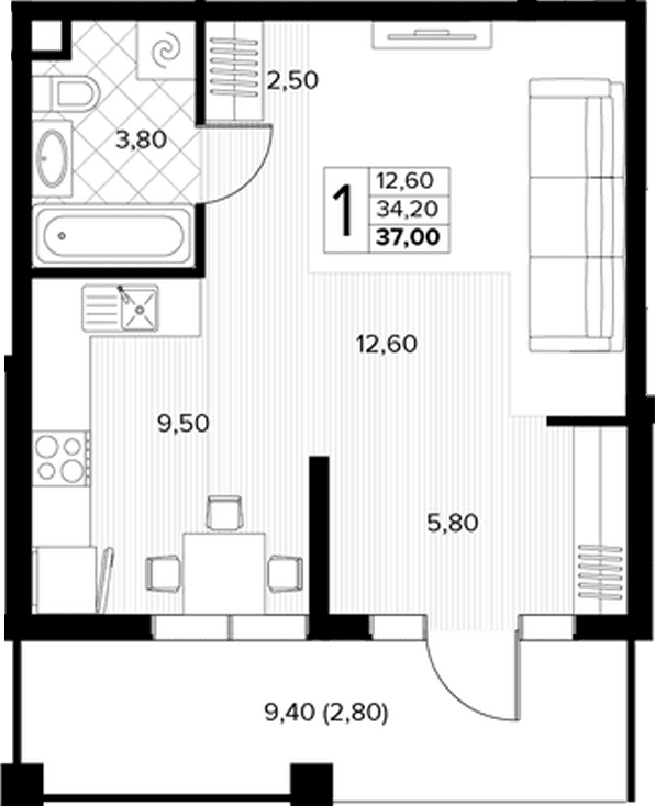 Продается 1-комн. квартира, 34.2 м²