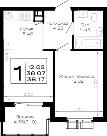 Продается 1-комн. квартира, 36.07 м²