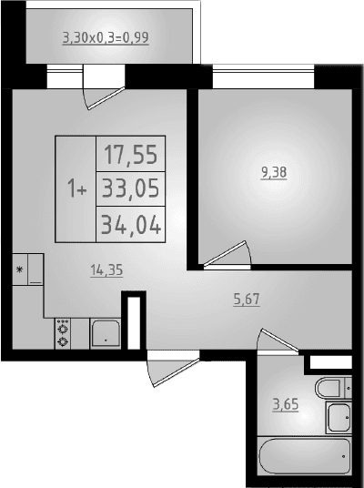 Продается 2-комн. квартира, 33.05 м²
