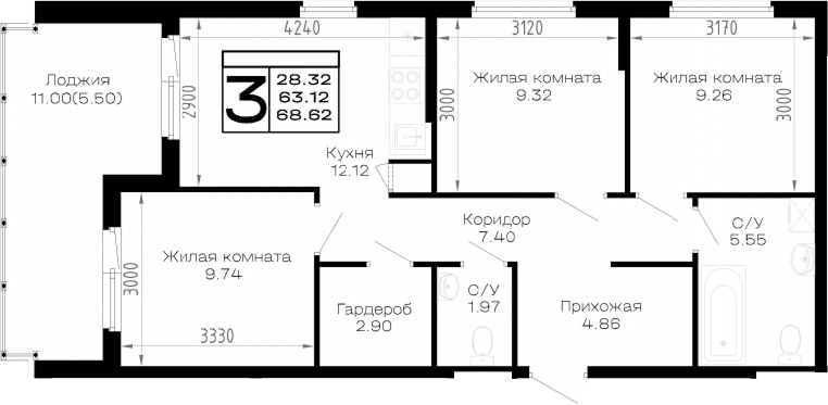 Продается 3-комн. квартира, 63.12 м²