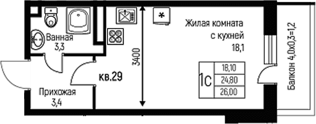 Продается 1-комн. квартира, 24.8 м²
