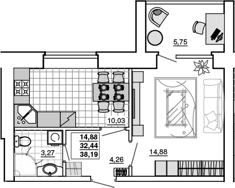 Продается 1-комн. квартира, 32.44 м²
