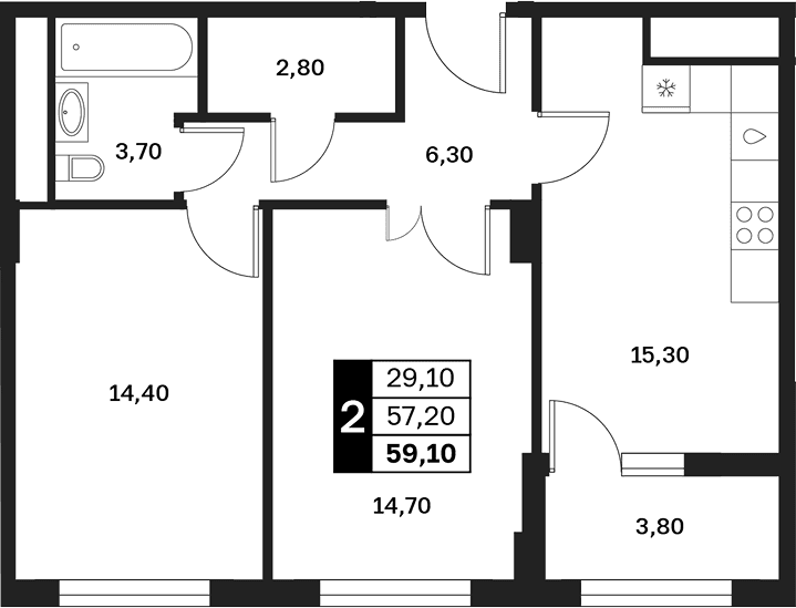 Продается 2-комн. квартира, 57.2 м²