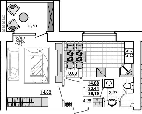 Продается 1-комн. квартира, 32.44 м²