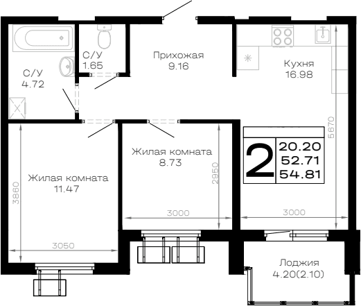 Продается 2-комн. квартира, 52.71 м²