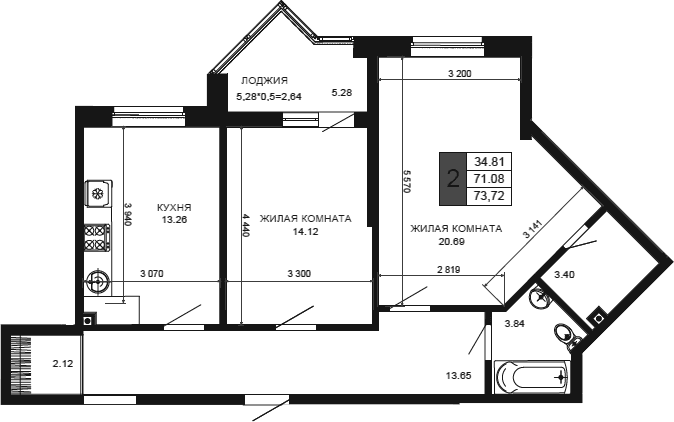 Продается 2-комн. квартира, 71.08 м²