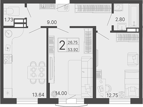 Продается 2-комн. квартира, 53.92 м²