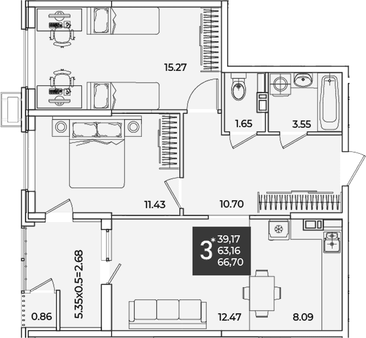 Продается 2-комн. квартира, 63.16 м²