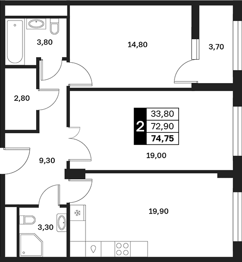 Продается 2-комн. квартира, 72.9 м²