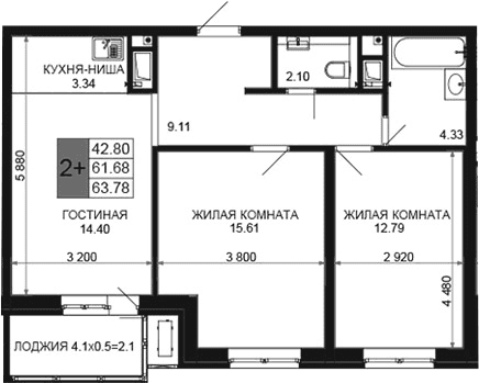 Продается 3-комн. квартира, 61.68 м²