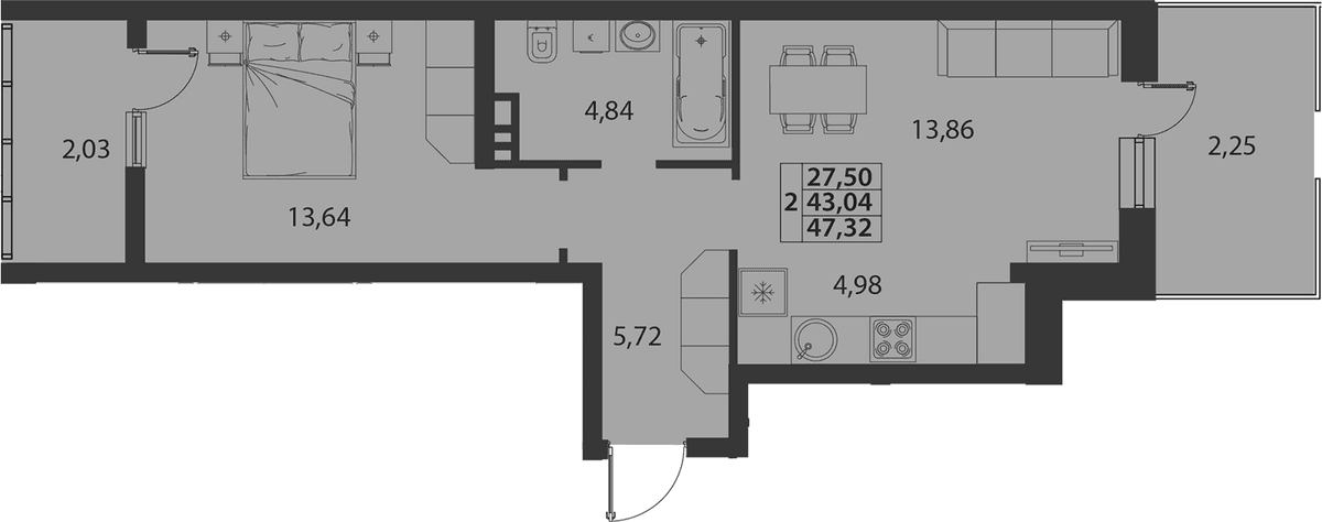 Продается 2-комн. квартира, 43.04 м²
