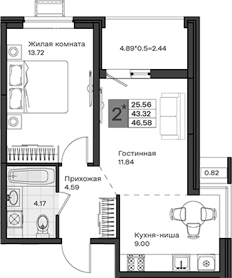 Продается 2-комн. квартира, 43.32 м²