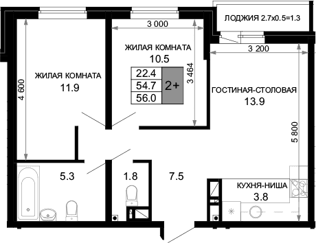 Продается 3-комн. квартира, 54.7 м²