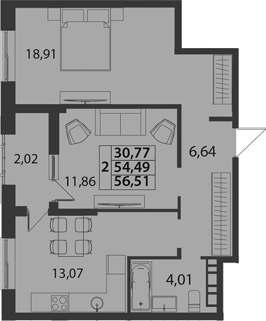 Продается 2-комн. квартира, 54.49 м²