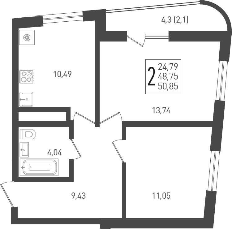 Продается 2-комн. квартира, 51.4 м²