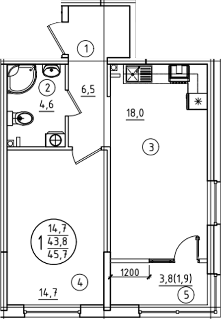 Продается 1-комн. квартира, 43.8 м²