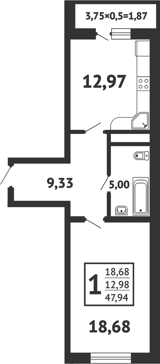 Продается 1-комн. квартира, 44.8 м²