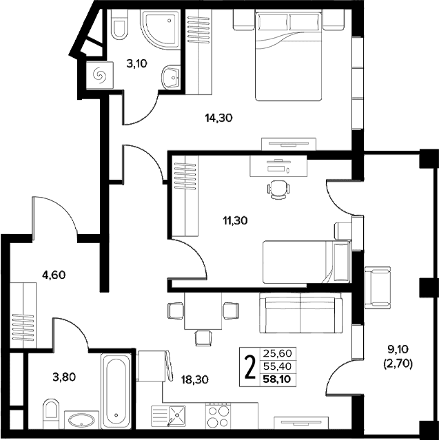 Продается 2-комн. квартира, 55.4 м²