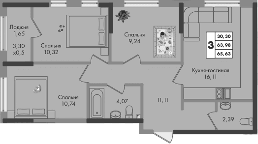 Продается 3-комн. квартира, 63.98 м²