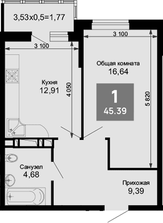 Продается 1-комн. квартира, 43.62 м²