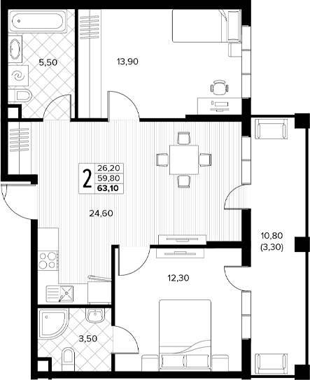 Продается 2-комн. квартира, 59.8 м²