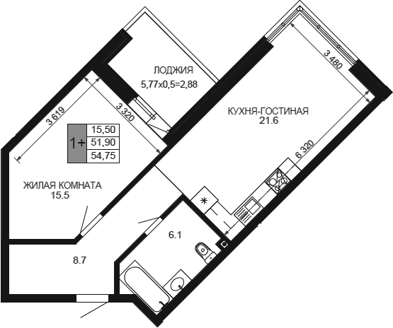 Продается 2-комн. квартира, 51.87 м²