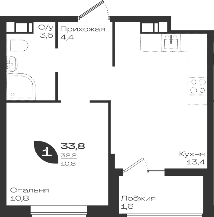 Продается 1-комн. квартира, 32.1 м²
