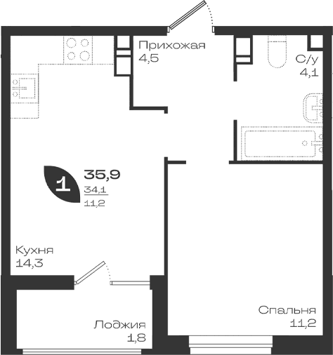 Продается 1-комн. квартира, 34.1 м²