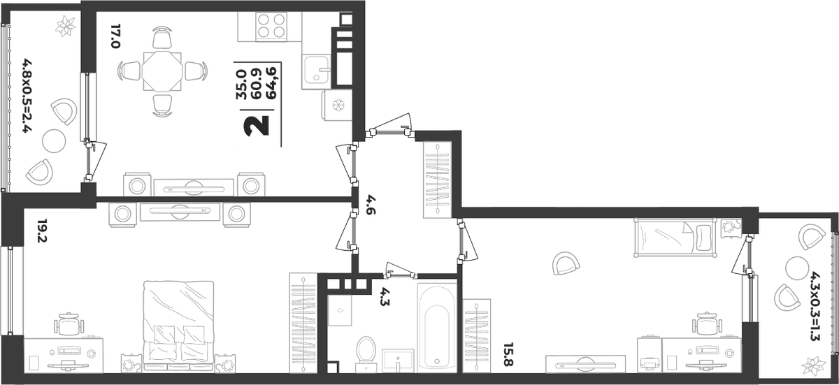 Продается 2-комн. квартира, 60.9 м²
