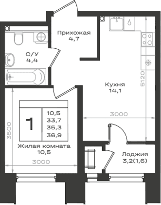 Продается 1-комн. квартира, 33.7 м²