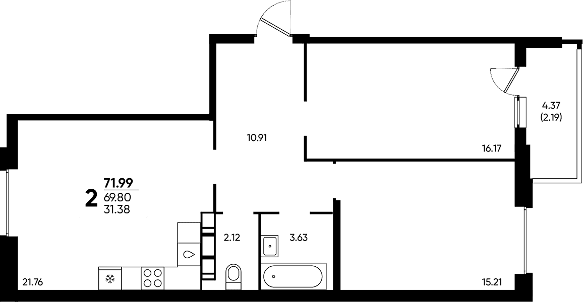 Продается 2-комн. квартира, 69.8 м²