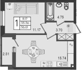 Продается 1-комн. квартира, 35.36 м²