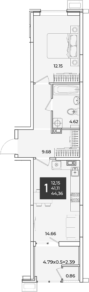 Продается 1-комн. квартира, 41.11 м²