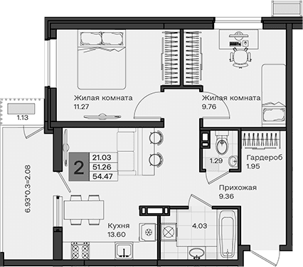 Продается 2-комн. квартира, 51.26 м²