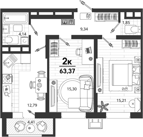 Продается 2-комн. квартира, 58.96 м²