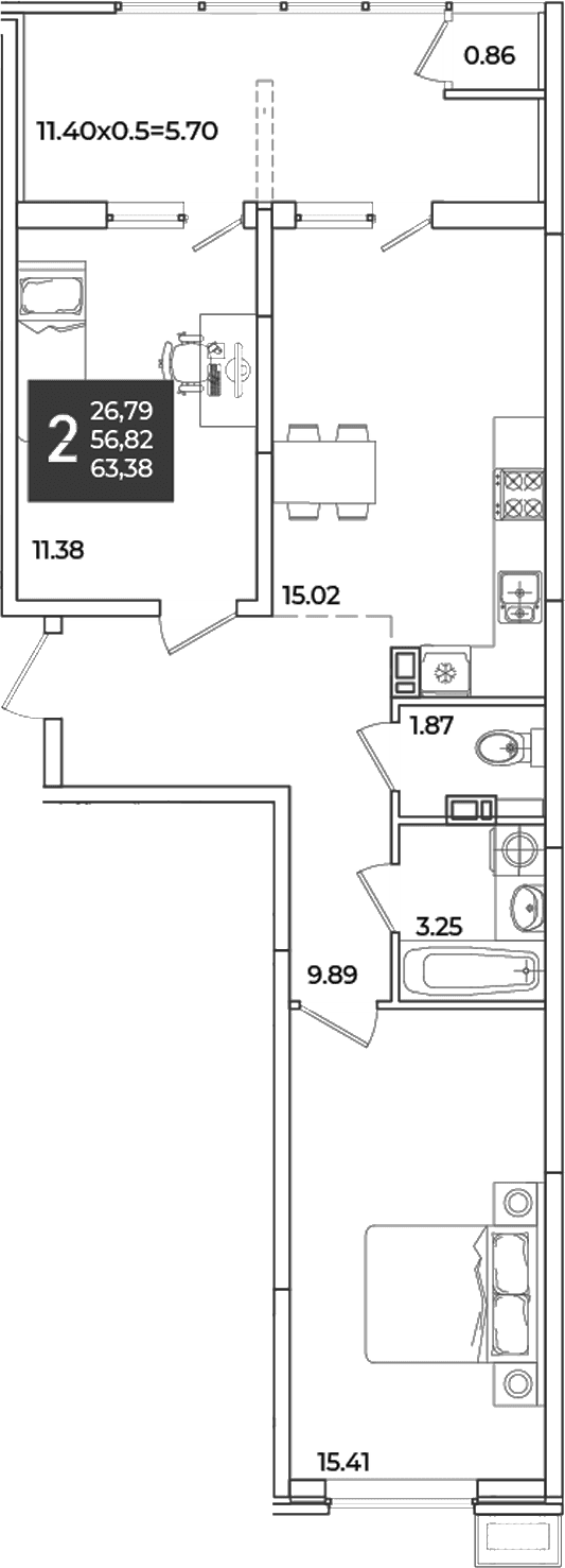 Продается 2-комн. квартира, 56.82 м²