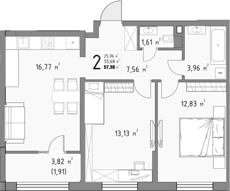Продается 2-комн. квартира, 55.68 м²