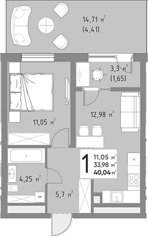 Продается 1-комн. квартира, 33.98 м²