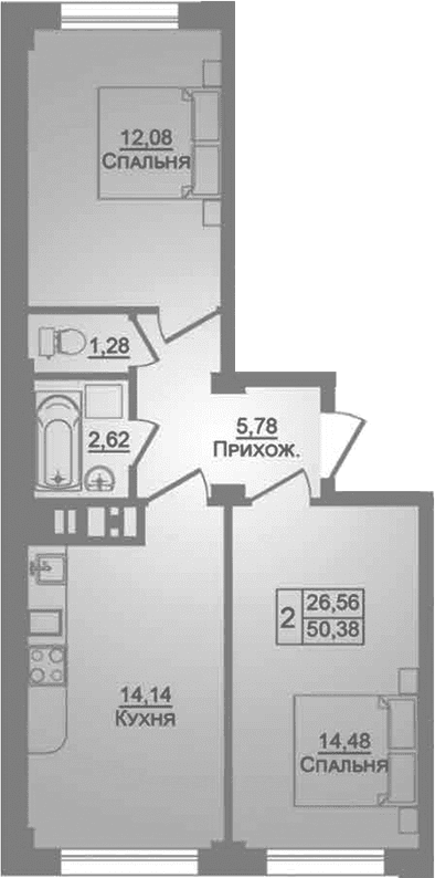 Продается 2-комн. квартира, 50.38 м²