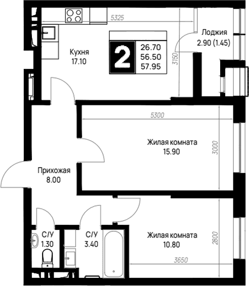 Продается 2-комн. квартира, 56.5 м²