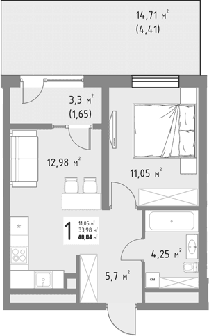Продается 1-комн. квартира, 33.98 м²