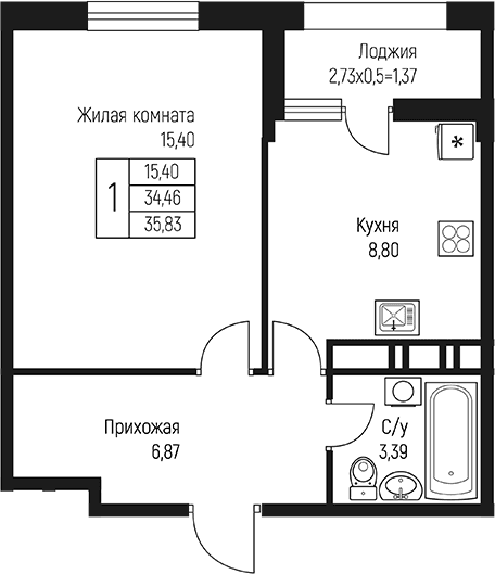 Продается 1-комн. квартира, 34.46 м²